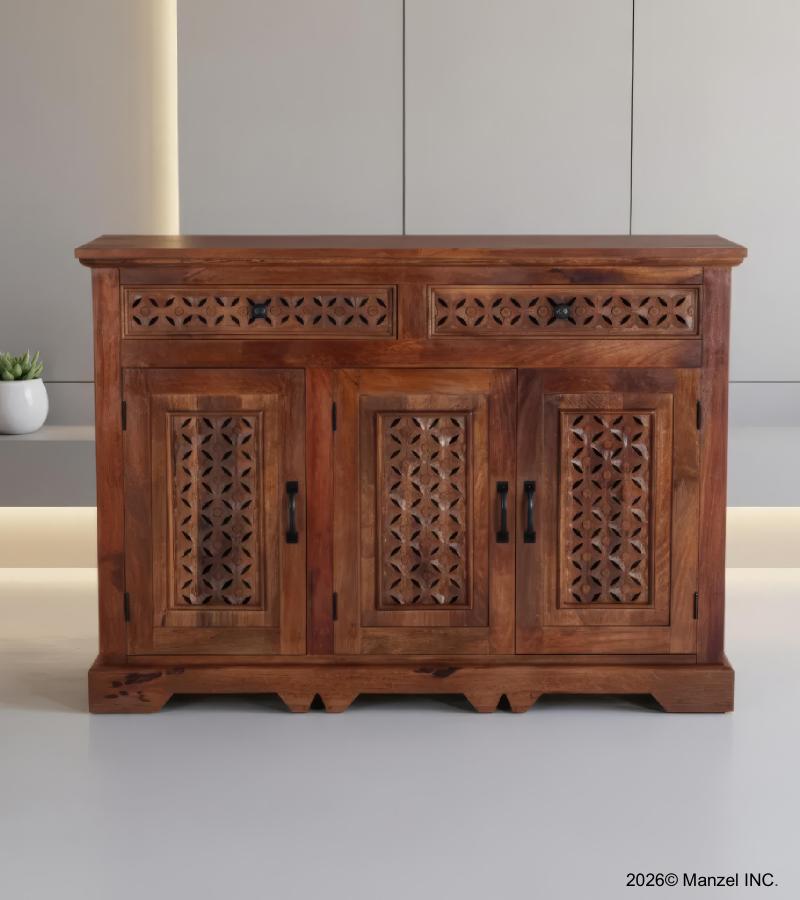 CARVED WOOD SIDEBOARD W/ 3 DOORS & DRAWERS
