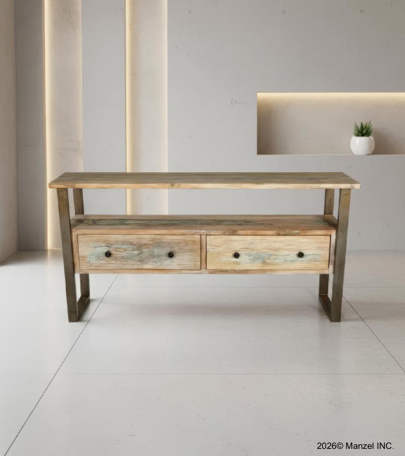 SOLID RECLAIMED TEAK WOOD & IRON MEDIA CENTER CONSOLE