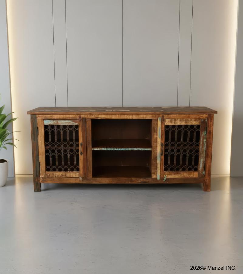 SOLID RECLAIMED TEAK WOOD MEDIA CABINET W/ 2 DOORS