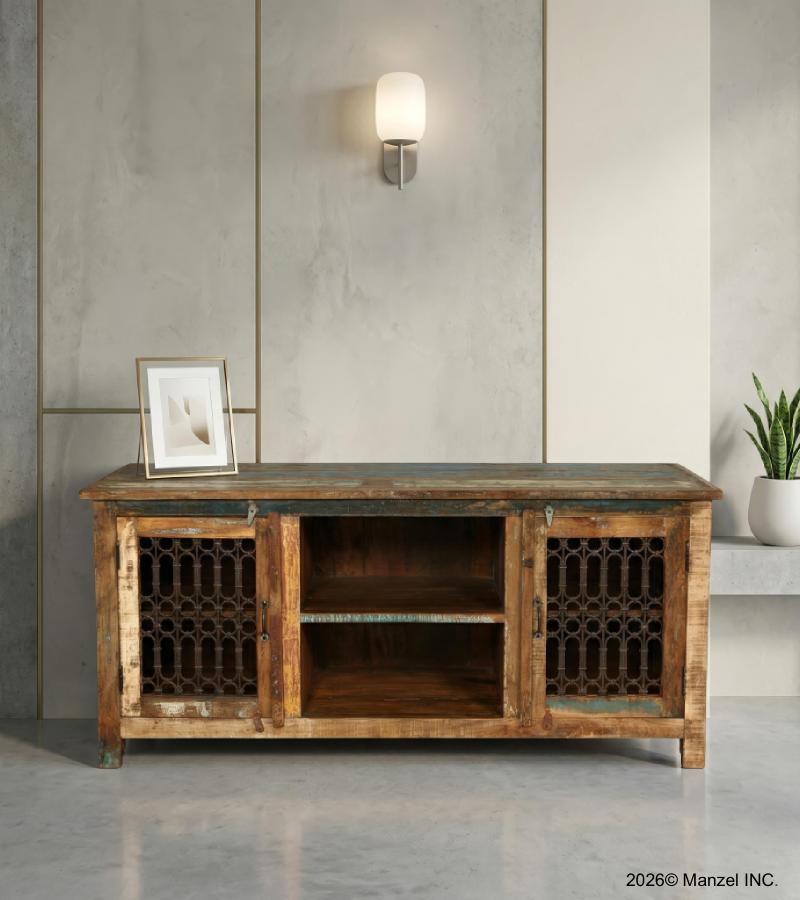 SOLID RECLAIMED TEAK WOOD & METAL 2 DOOR CONSOLE SIDEBOARD