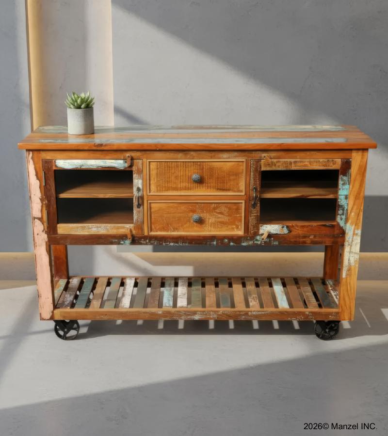 WOOD/IRON 2 DRAWER GLASS CONSOLE