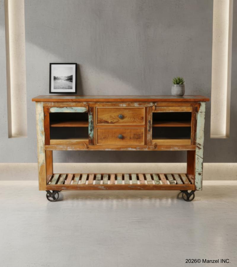 WOOD/IRON 2 DRAWER GLASS CONSOLE