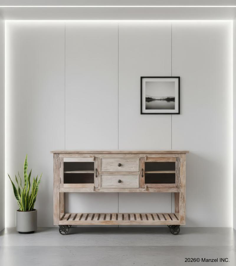 SOLID WOOD & IRON 2 DRAWER GLASS CONSOLE