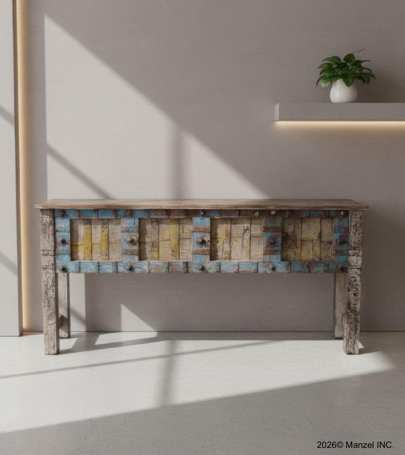 VINTAGE RECLAIMED CARVED TEAK CONSOLE TABLE