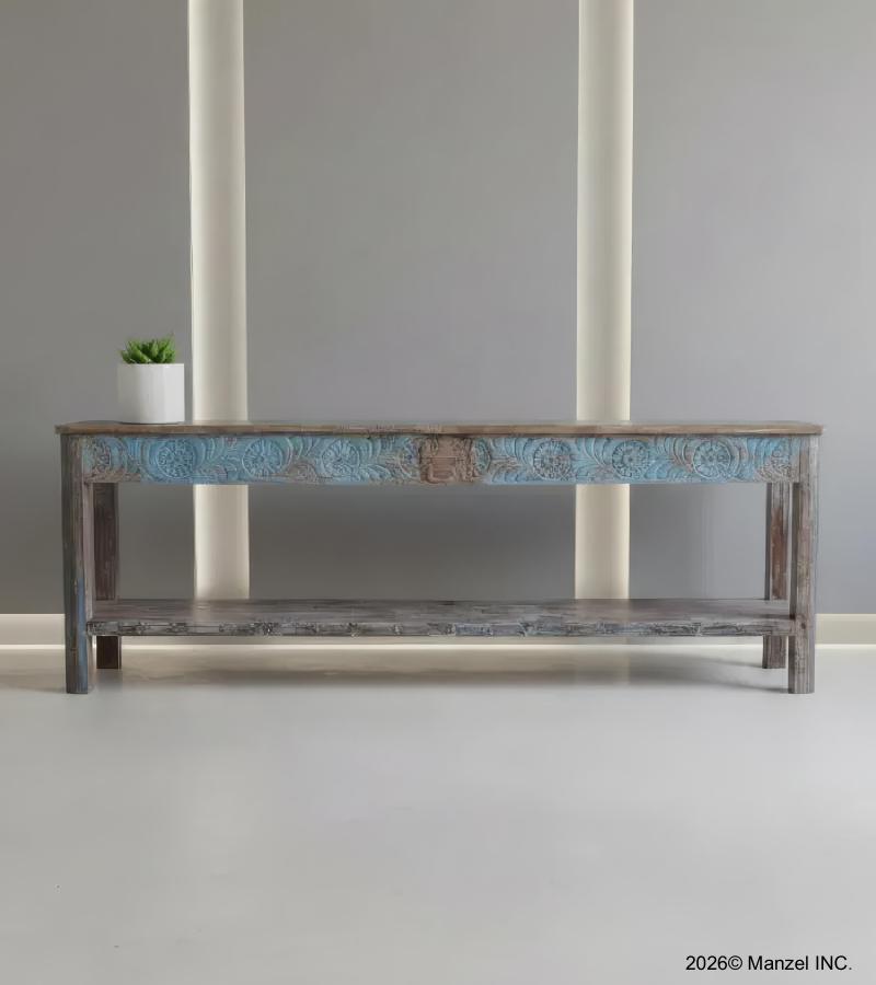 CARVED RECLAIMED WOOD CONSOLE TABLE W/ SHELF