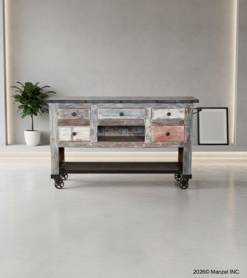 SOLID RECLAIMED TEAK WOOD, GLASS & IRON TROLLEY CABINET