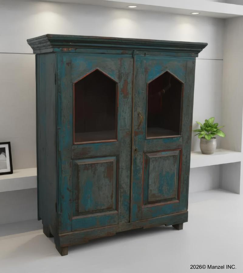 VINTAGE RECLAIMED TEAK & GLASS CABINET