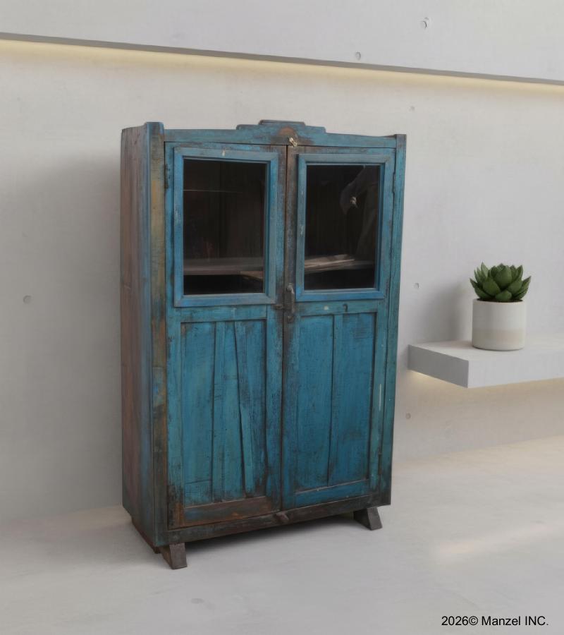 VINTAGE RECLAIMED TEAK & GLASS CABINET
