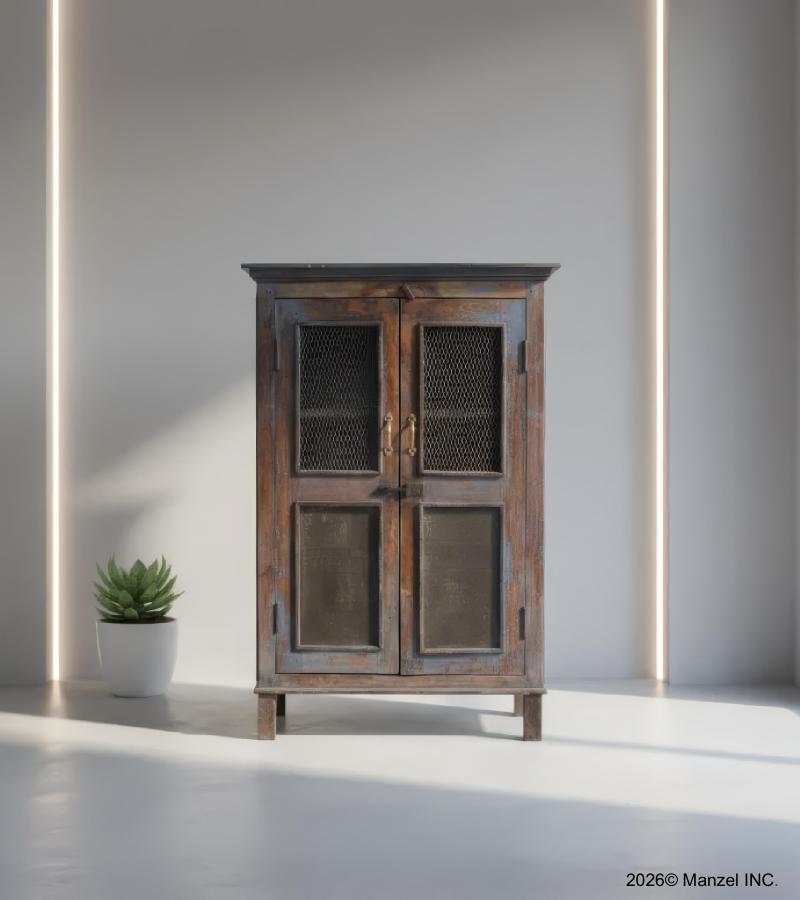 VINTAGE RECLAIMED TEAK & GLASS CABINET