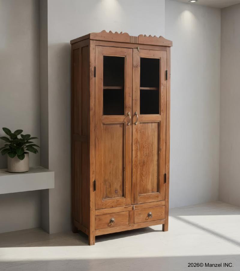 VINTAGE RECLAIMED TEAK & GLASS CABINET