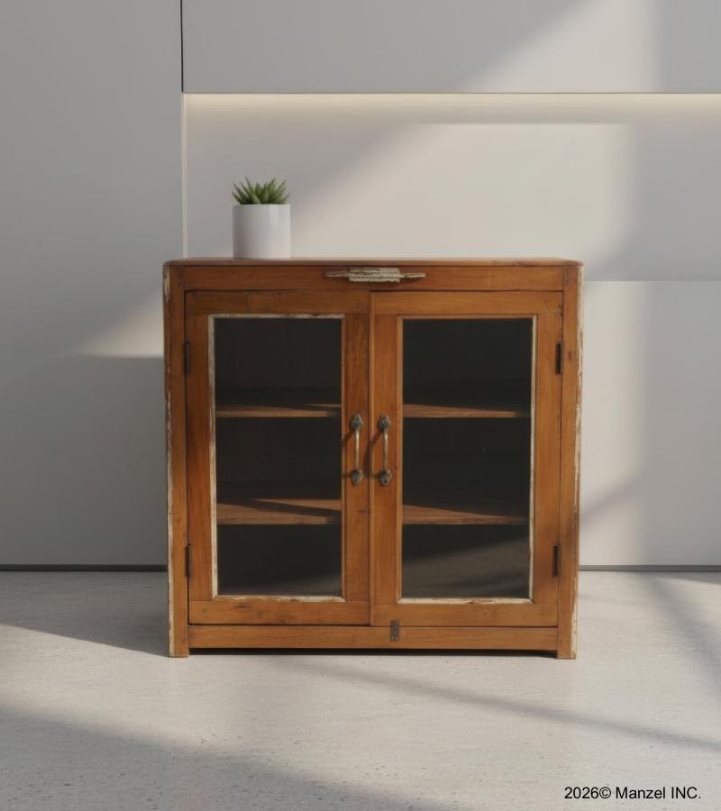 VINTAGE RECLAIMED TEAK & GLASS CABINET