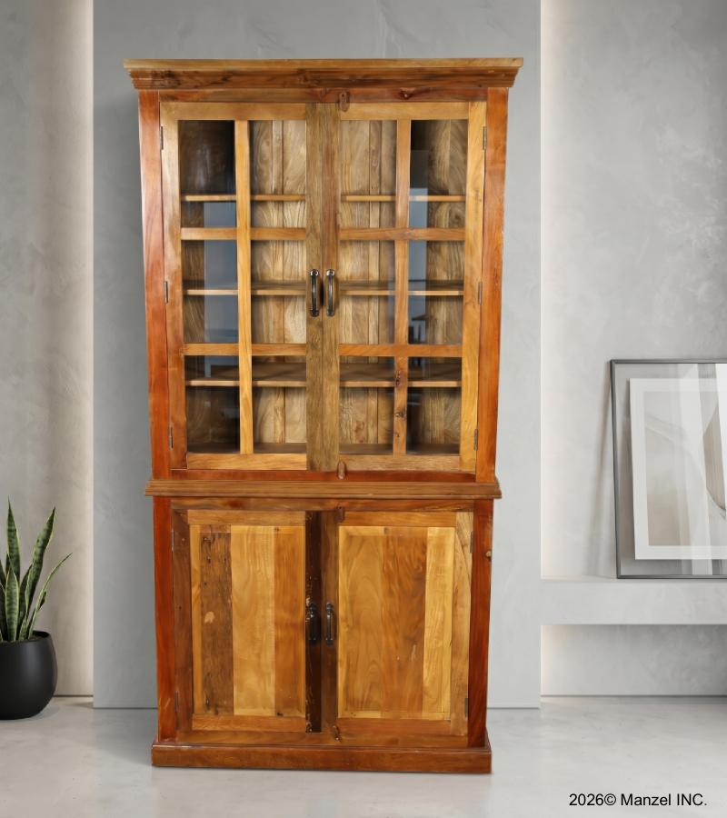 RECLAIMED TEAK 2 PIECE GLASS & WOOD CABINET