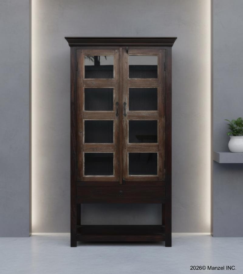 SOLID RECLAIMED TEAK WOOD & GLASS CABINET HUTCH DISPLAY