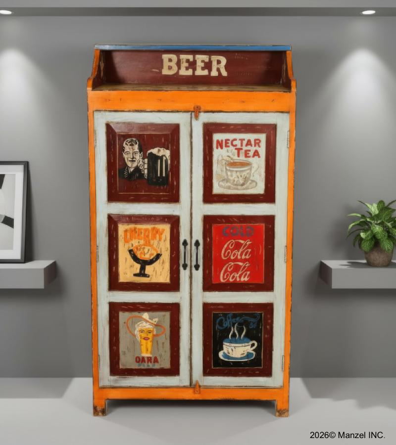 SOLID WOOD HAND PAINTED ADVERTISING 2 DOOR STORAGE CABINET