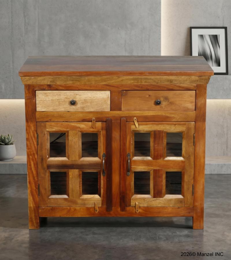 WOODEN 2 DRAWER GLASS SIDEBOARD