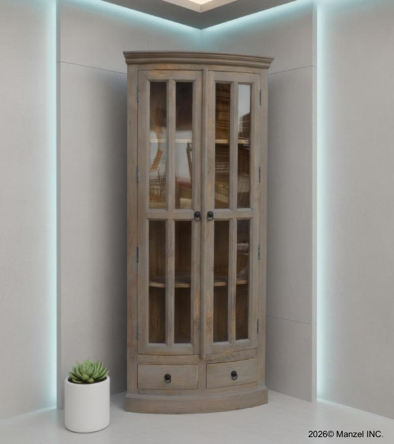 SOLID WOOD & GLASS CORNER CABINET W/ 2 DRAWERS