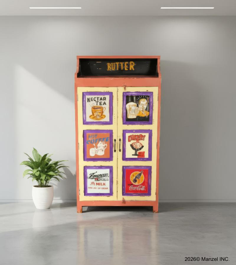 SOLID WOOD HAND PAINTED ADVERTISING 2 DOOR STORAGE CABINET