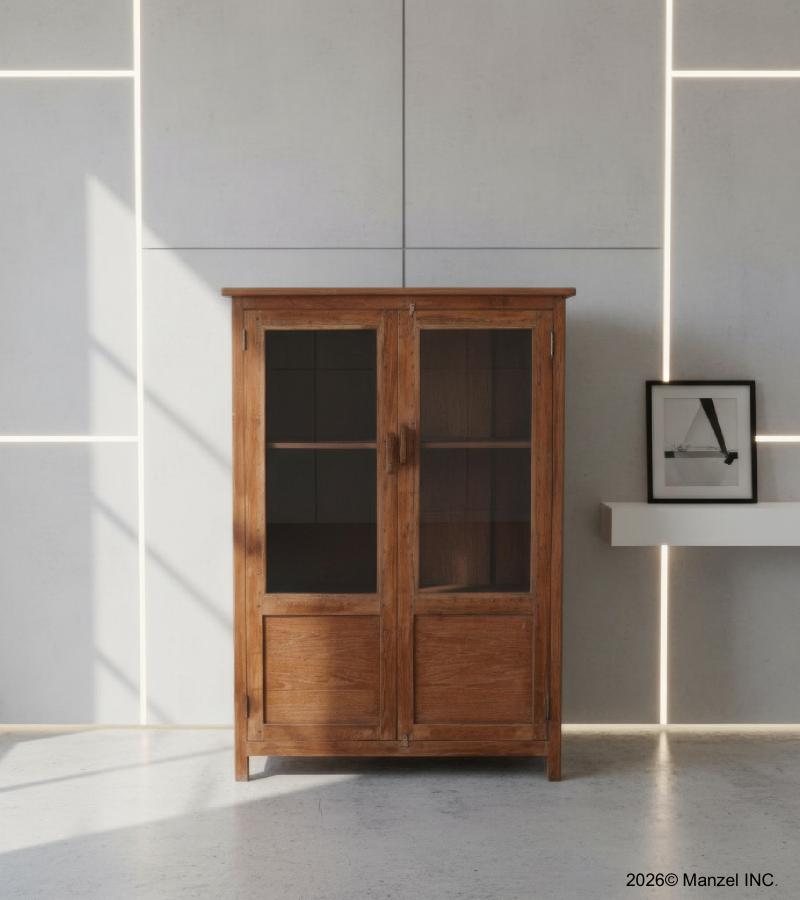 VINTAGE RECLAIMED TEAK & GLASS CABINET