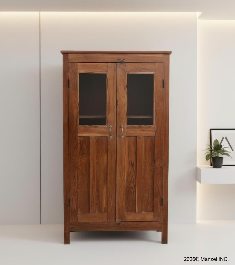 VINTAGE RECLAIMED TEAK & GLASS CABINET