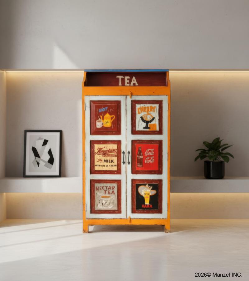 SOLID WOOD HAND PAINTED ADVERTISING 2 DOOR STORAGE CABINET