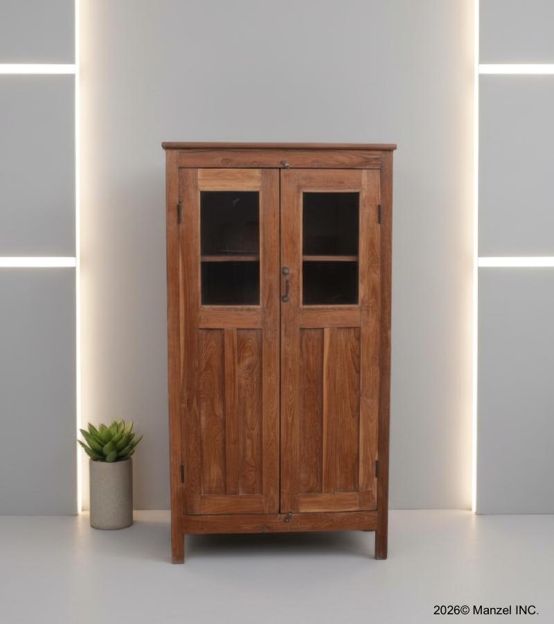 VINTAGE RECLAIMED TEAK & GLASS CABINET