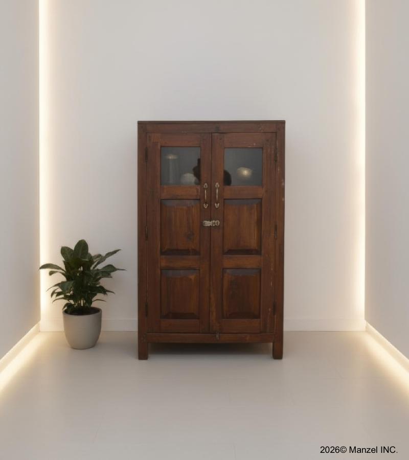 VINTAGE RECLAIMED TEAK & GLASS CABINET