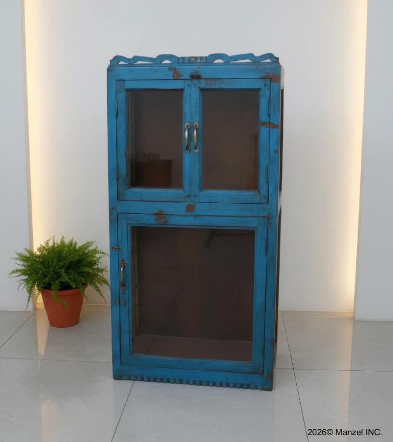 VINTAGE RECLAIMED TEAK & GLASS CABINET W/ SHELVES