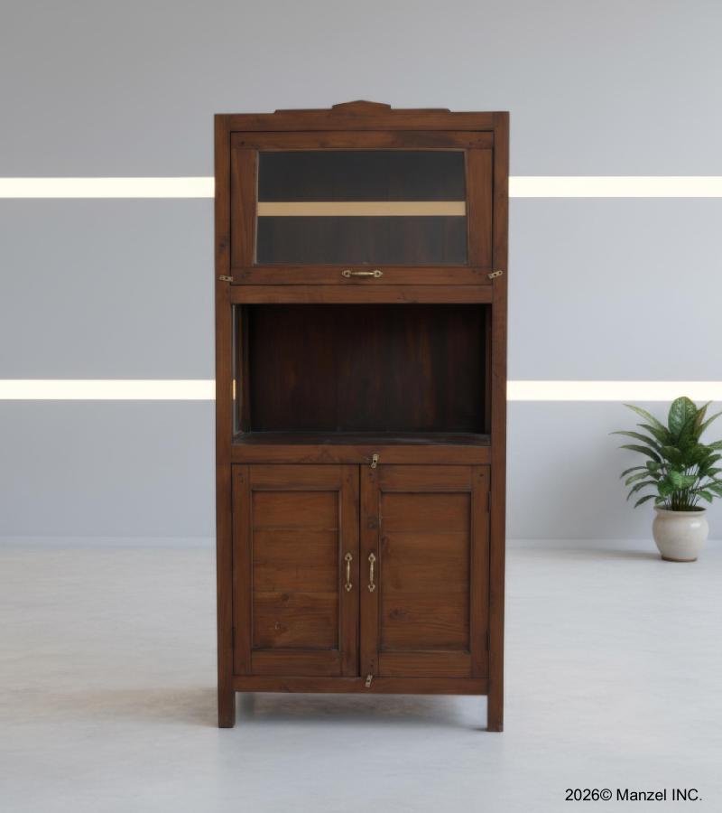 VINTAGE RECLAIMED TEAK & GLASS CABINET W/ SHELVES