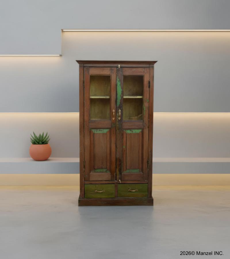 VINTAGE RECLAIMED TEAK & GLASS CABINET W/ SHELVES