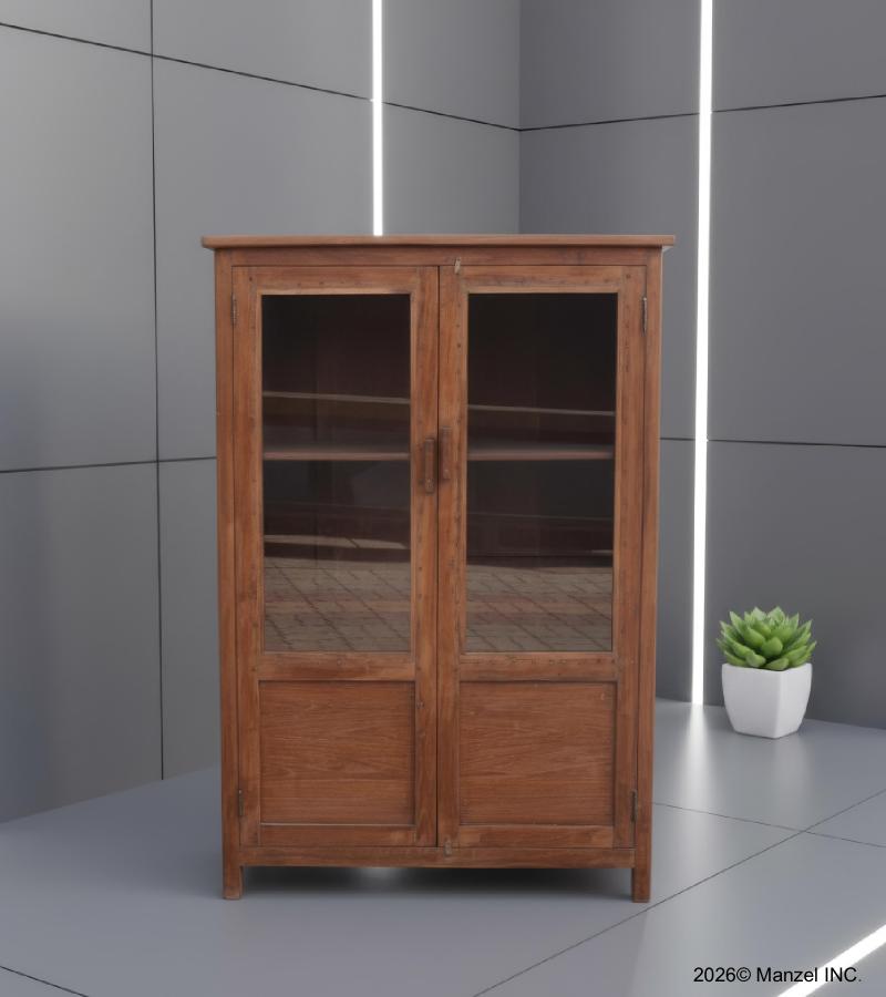 VINTAGE RECLAIMED TEAK & GLASS CABINET W/ SHELVES