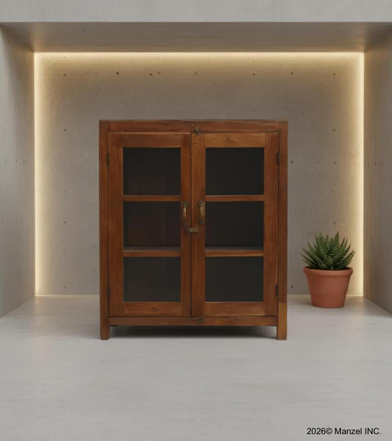 VINTAGE RECLAIMED TEAK & GLASS CABINET