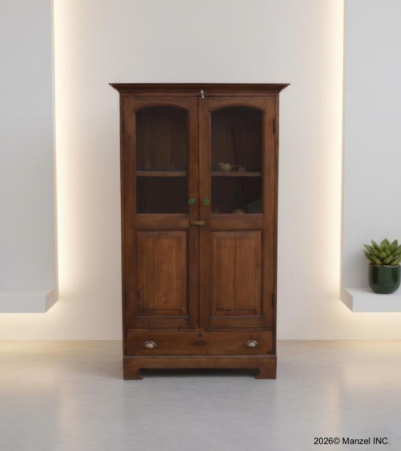 VINTAGE RECLAIMED TEAK & GLASS CABINET W/ SHELVES