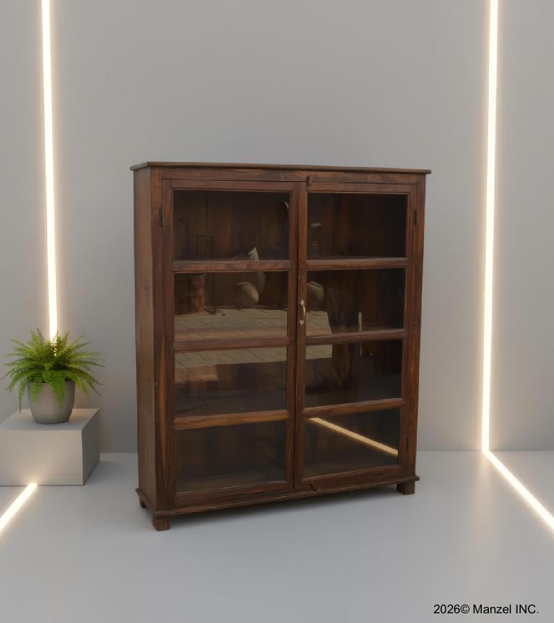 VINTAGE RECLAIMED TEAK & GLASS CABINET W/ SHELVES