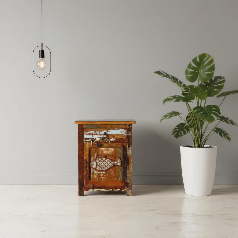 SOLID RECLAIMED TEAK WOOD W/ CARVED FISH END TABLE / NIGHTSTAND