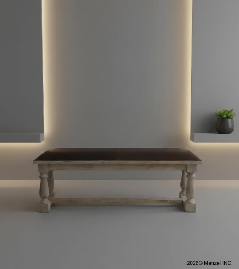 UPHOLSTERED LEATHER & SOLID WOOD BENCH