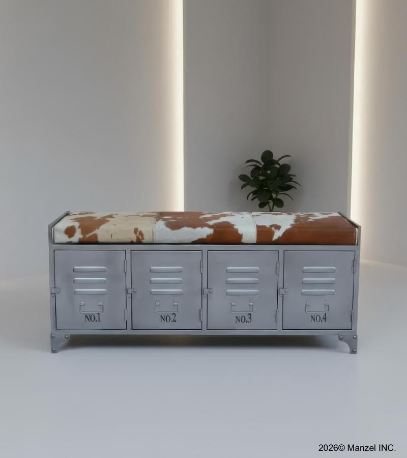 IRON LOCKER BENCH W/ LEATHER UPHOLSTERED SEAT