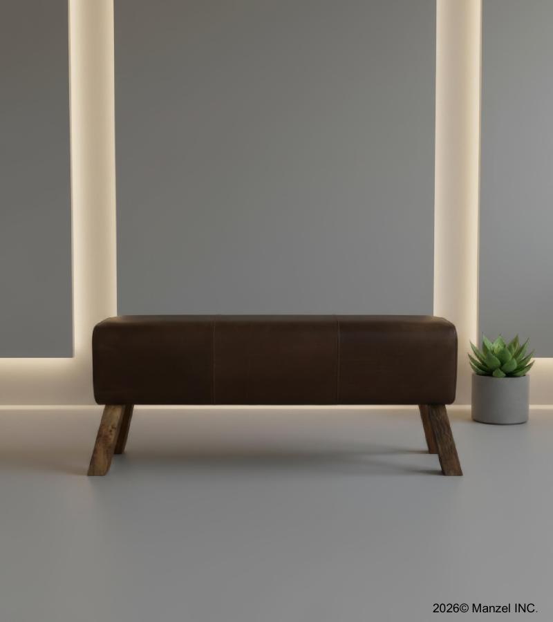 LEATHER & WOOD UPHOLSTERED BENCH