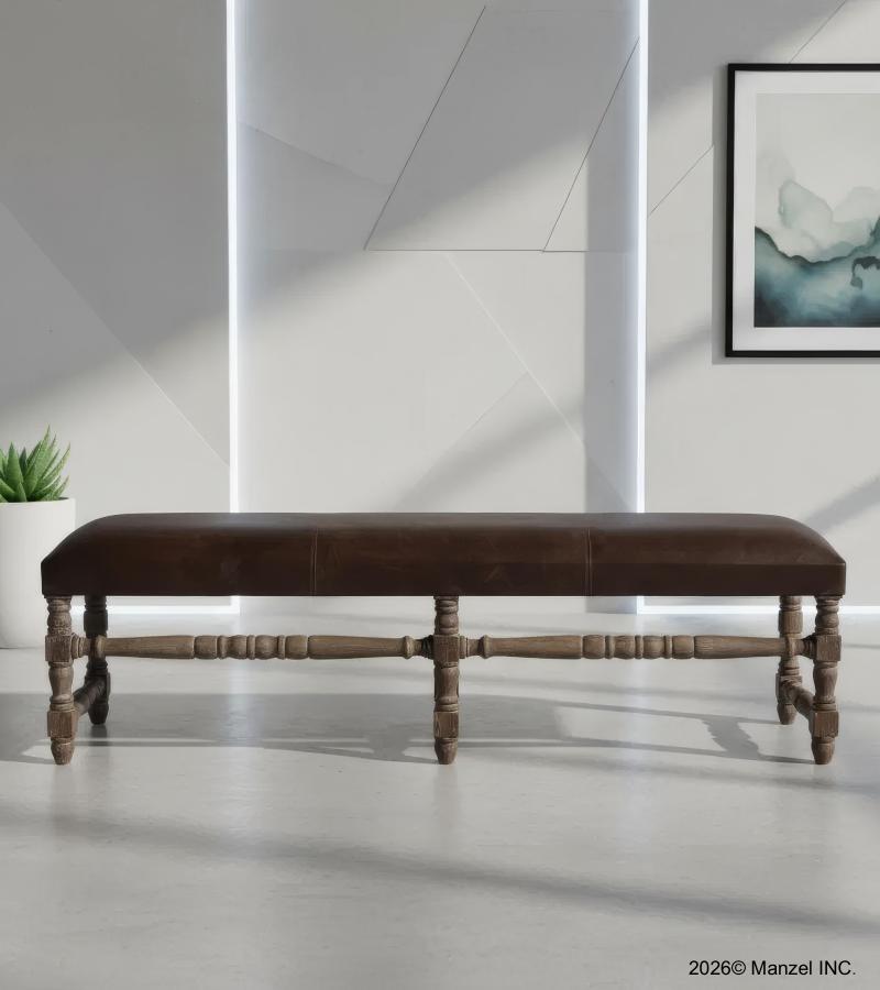 SOLID WOOD & UPHOLSTERED LEATHER BENCH