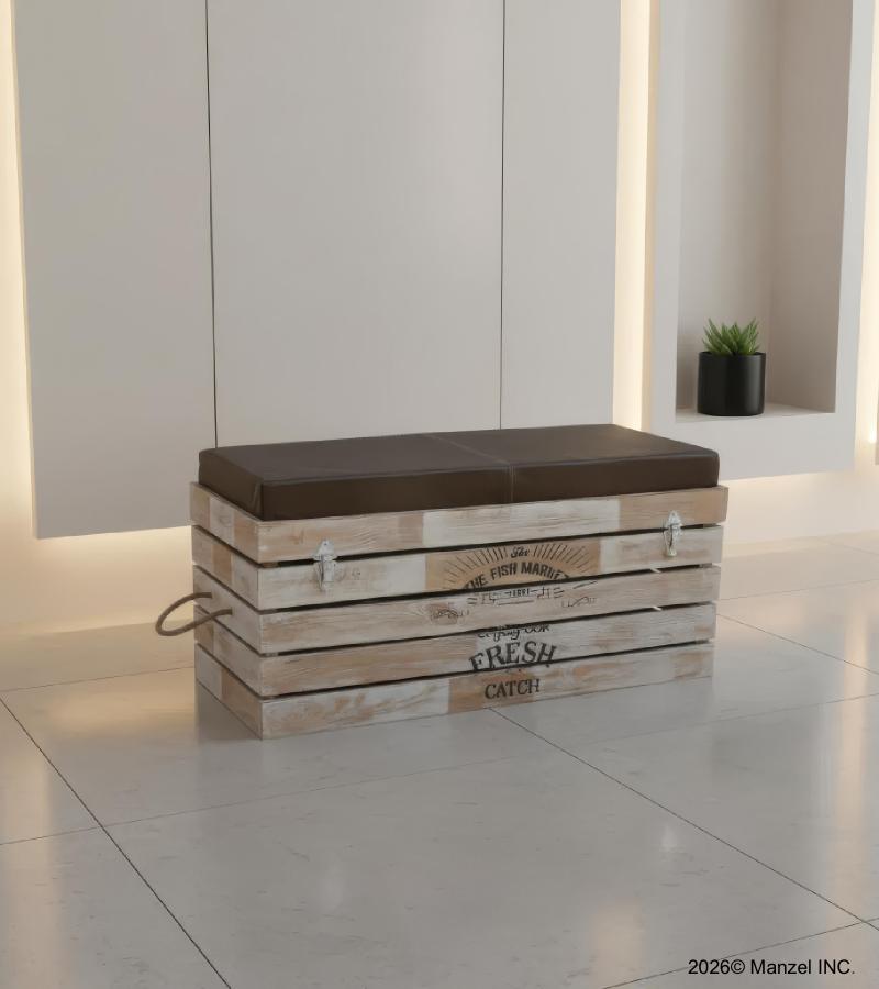 SOLID WOOD & LEATHER UPHOLSTERED TRUNK BENCH