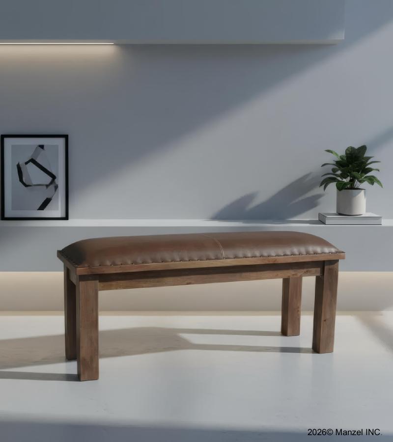 SOLID WOOD & LEATHER BENCH