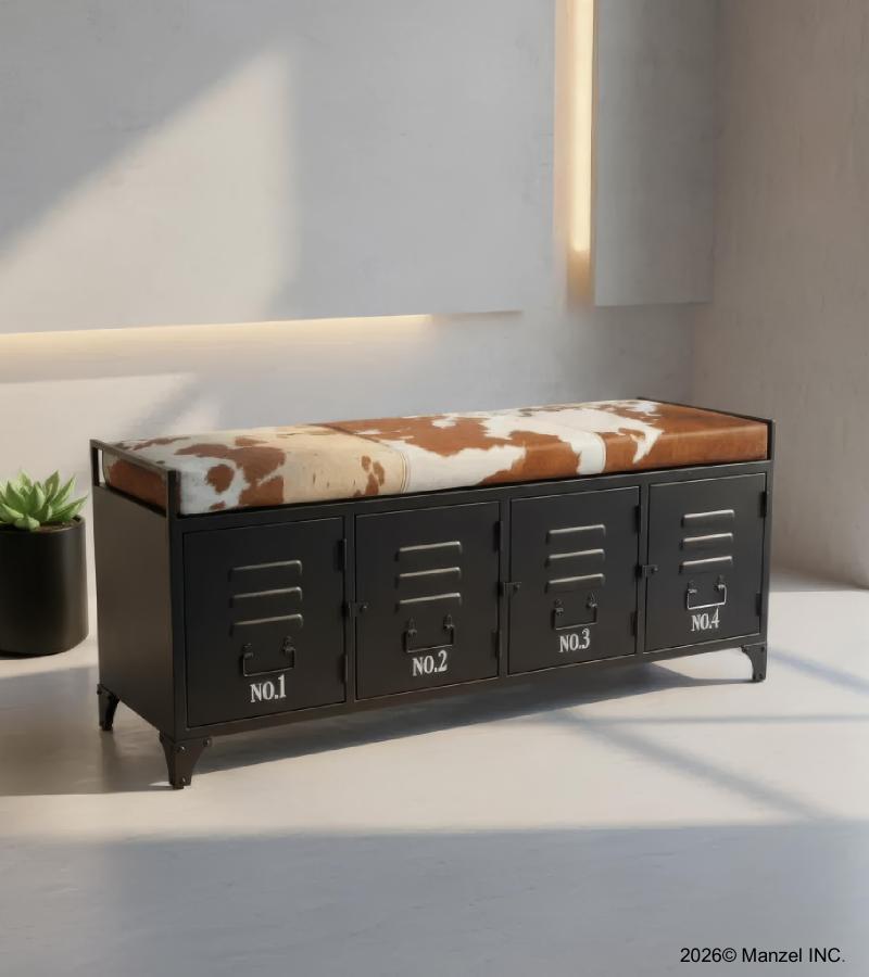 IRON LOCKER BENCH W/ LEATHER UPHOLSTERED SEAT