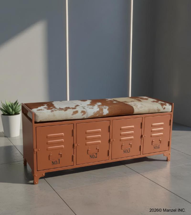 IRON LOCKER BENCH W/ LEATHER UPHOLSTERED SEAT