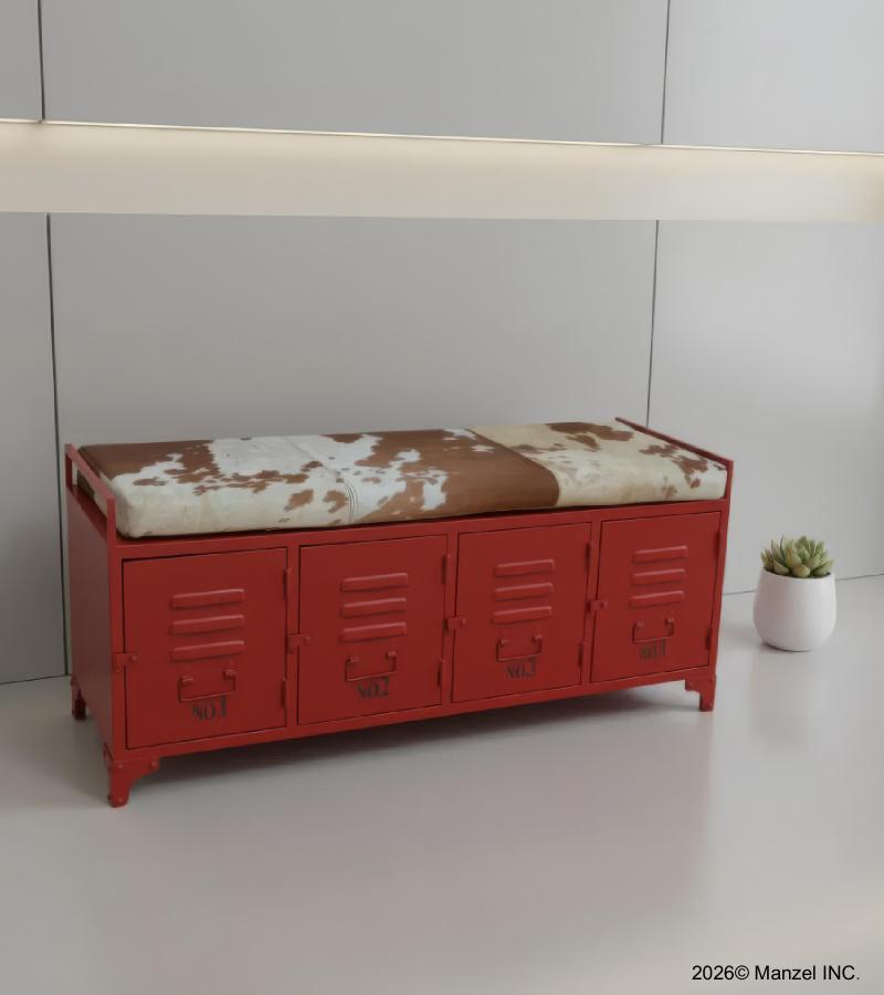 IRON LOCKER BENCH W/ LEATHER UPHOLSTERED SEAT