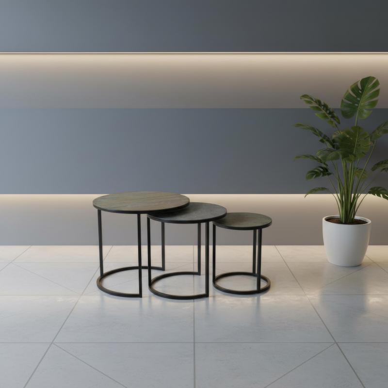 3 NESTING SOLID WOOD & IRON TABLES