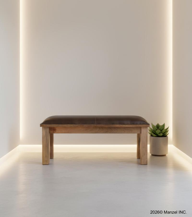 SOLID WOOD & LEATHER BENCH