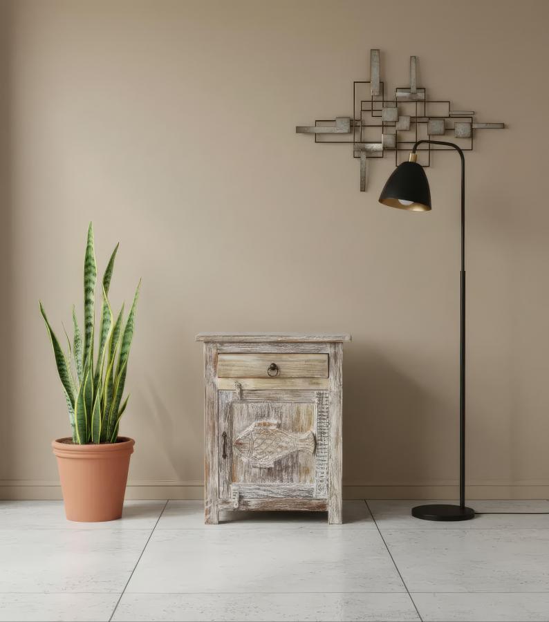 SOLID RECLAIMED TEAK WOOD W/ CARVED FISH END TABLE / NIGHTSTAND