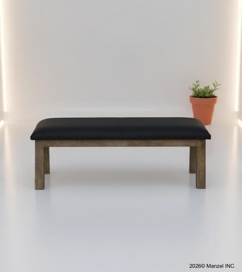 SOLID WOOD & LEATHER BENCH