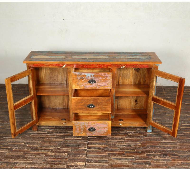 SOLID RECLAIMED TEAK WOOD & GLASS SIDEBOARD