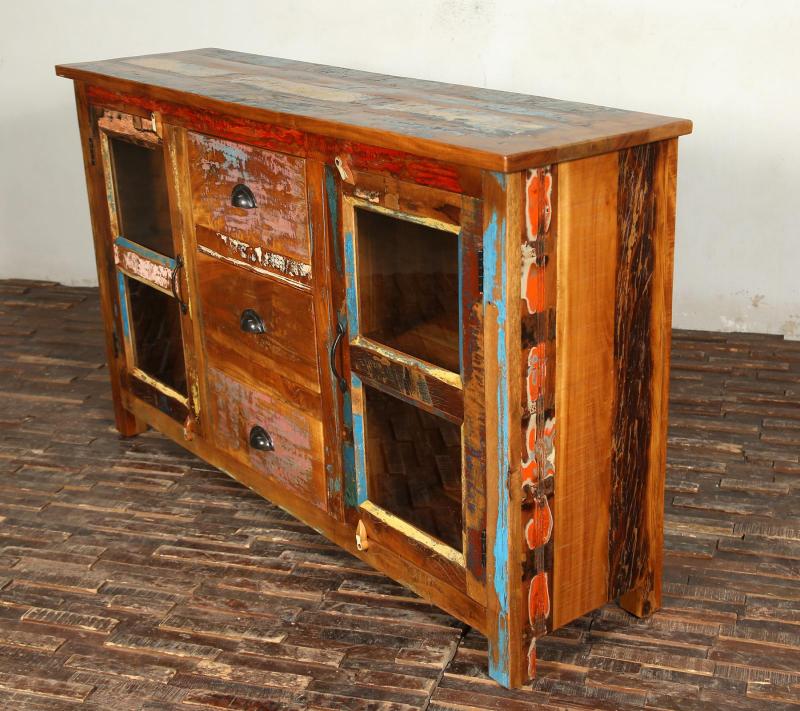 SOLID RECLAIMED TEAK WOOD & GLASS SIDEBOARD
