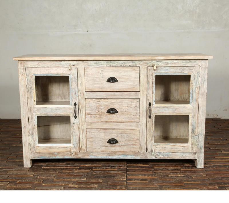 SOLID RECLAIMED TEAK WOOD & GLASS SIDEBOARD